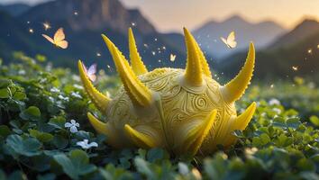 Yellow Spiked Sphere in Grassy Field with Butterflies and Mountains photo
