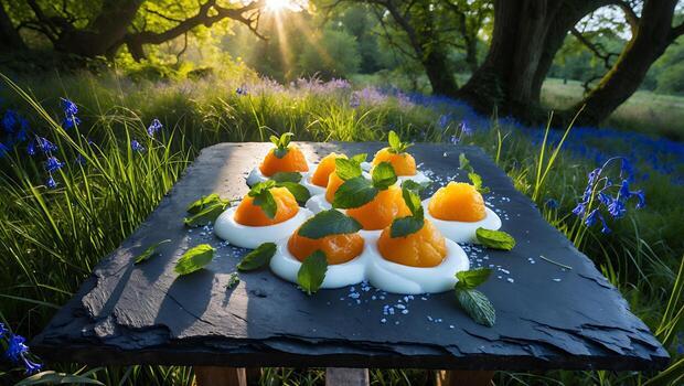 Serving Mandarin Segments with Mint and Yogurt in Nature Setting photo