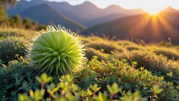 Green Flower Growing in Field with Mountains and Sunburst at Dusk photo