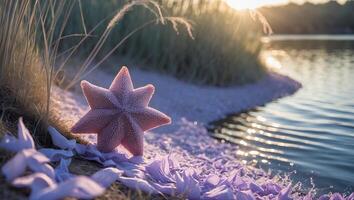 Starfish on Beach with Petals at Sunset by Calm Lake photo