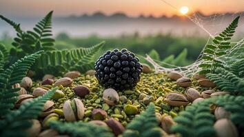 Blackberry Surrounded by Pistachios and Ferns at Sunrise with Cobweb photo