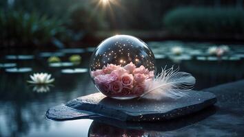Roses in Glass Orb with Feather by Pond at Dusk photo