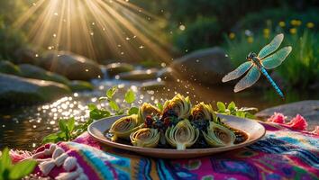 Artichoke Hearts Plate by Stream with Dragonfly and Sunbeams photo