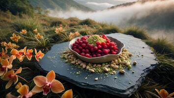 Arrangement of Raspberries and Pistachios Outdoors with Flowers and Fog photo