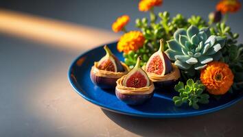 Serving Fresh Figs with Spread Surrounded by Succulent and Flowers photo