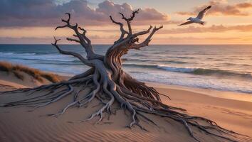 Unique Root Tree on Sandy Beach at Sunset with Flying Bird photo