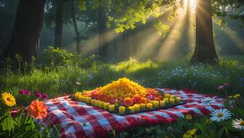 Picnic with Fruits on Plaid Blanket in Forest Sunlight photo