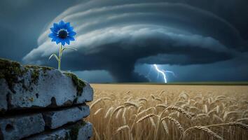 Blue Flower on Stone Wall with Wheat Field and Stormy Sky photo