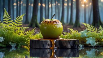 Green Apple with Syrup Drip on Wooden Stand in Forest photo