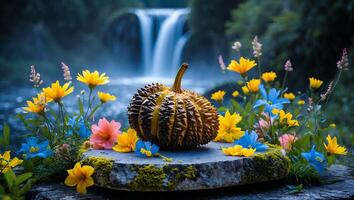 Spiky Gourd on Stone with Flowers and Waterfall Backdrop photo