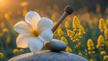 White Flower with Honey Dipper and Stone in Golden Field photo