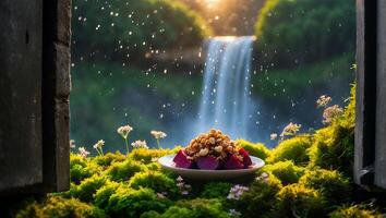Plate of Food on Mossy Surface with Waterfall in the Background photo
