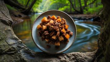 Plate of Food with Pecans and Squash by a River photo