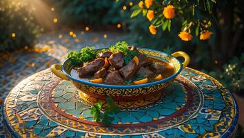 A colorful bowl of meat on a colorful table photo