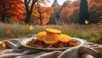 Orange Slices and Cinnamon Sticks in Autumn Landscape Picnic photo