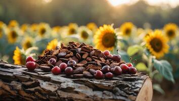 Cherries and Bark on Log with Sunflower Field Background photo