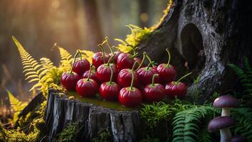 Red Round Fruits on Tree Stump in Forest with Ferns photo
