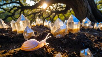 Snail Crawling Among Crystals in Forest photo