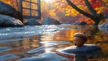Acorn on Rock in Stream During Autumn photo
