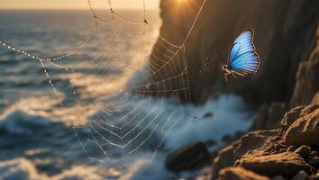 Butterfly and Cobweb by the Ocean at Sunset photo