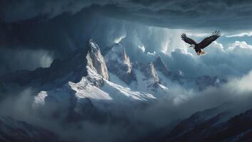 An eagle flying over a mountain range with clouds photo