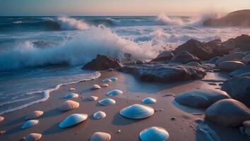 Seashells on Beach with Waves and Rocks photo