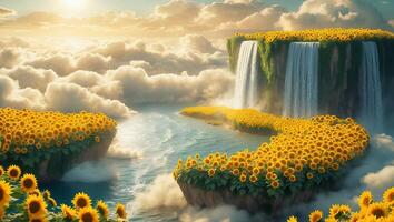 Waterfall and Sunflower Landscape on Cloudy Sky photo