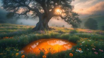 Tranquil Tree and Sunlit Field with Pond photo