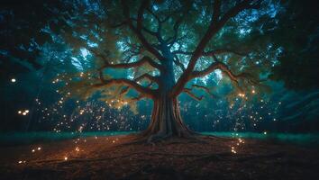 Majestic Tree with Magical Lights in a Dark Forest photo