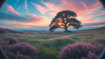 Landscape with Tree Silhouette Sunset Field Flower and Rainbow photo