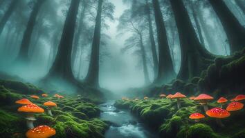 Mushroom and Stream in Foggy Forest photo