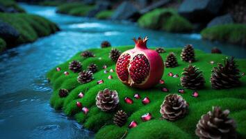 Pomegranate with Pine Cones on Green Moss Near River photo