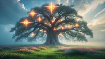 Magical Tree with Glowing Orbs in a Dreamy Landscape photo