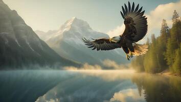Eagle Flying Over Misty Lake with Mountain Backdrop photo