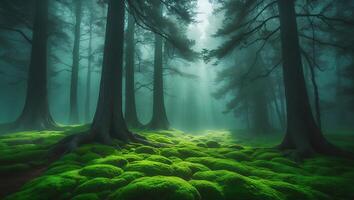 Mossy Forest with Sunlight Shining Through Trees photo