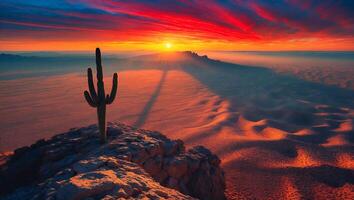 Cactus on Rock Formation at Desert Sunset photo