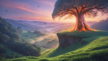 Tree on Cliff at Sunset Landscape photo