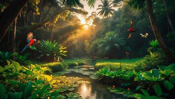 Parrots Flying Over a Jungle River at Sunrise photo