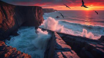 Ocean Wave at Rocky Cliff During Sunset with Flying Seagulls photo