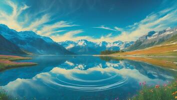 Mountain Lake Reflection with Flower Field Landscape photo