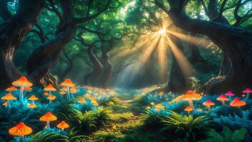 Mushroom in Forest with Sunlight and Ferns photo