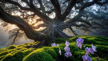 Old Tree with Spiderweb and Orchids in Dreamy Forest photo