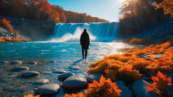 Person at Waterfall in Autumn Landscape photo