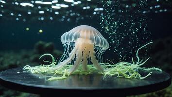 Jellyfish in Underwater Environment with Bubbles photo