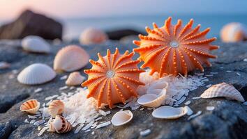 Seashells and Decorative Sea Life on Rock photo