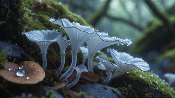 A group of mushrooms with water droplets on them photo