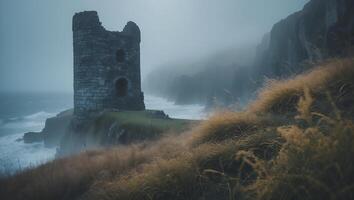 Stone Tower on Coast in Fog photo