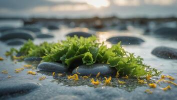 Green Seaweed on Rocks Near Sea with Yellow Plant photo