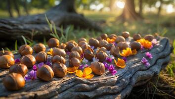 Macadamia Nuts on Log with Small Flowers photo