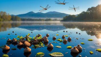 Dragonfly and Acorn on Lake with Mountains photo
